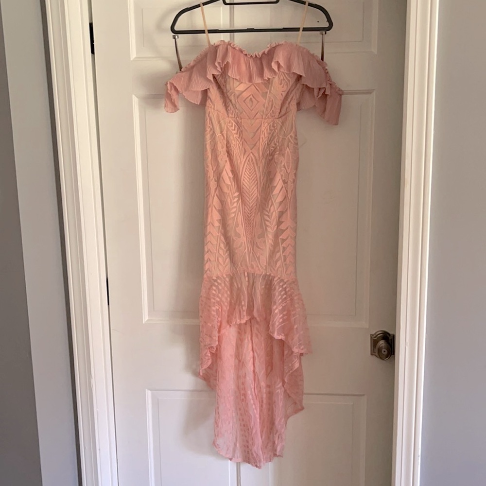 Pink off the shoulder embroidered high low dress